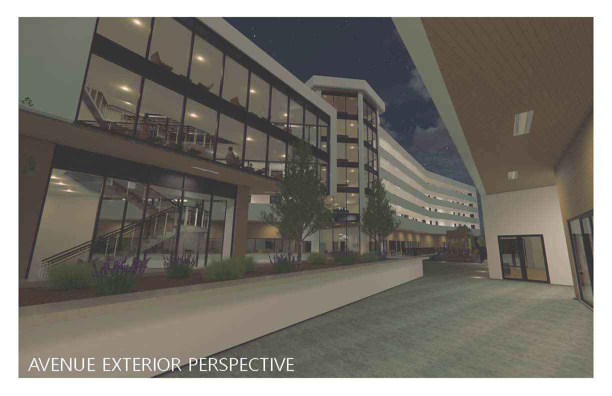 The bottom left reads &quot;avenue exterior perspective&quot;. It shows the outside view of the building. This whole side of the building is nothing but glass windows, connected to what looks like a parking garage.