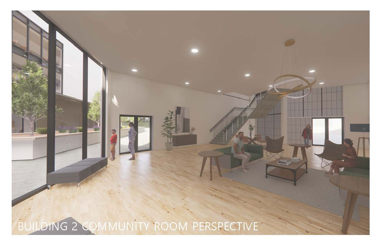 The bottom left reads &quot;building two community room perspective&quot;. There is light wooden floor paneling, and white walls and ceilings. One of the walls, however, is simply glass. People are standing around the room. There are chairs to sit on, and stairs leading up to the next level.