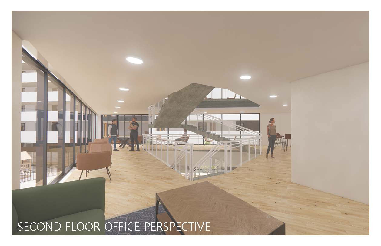 The bottom left reads &quot;second floor office perspective.&quot; There is light wooden paneling on the floors, and white ceilings and walls. People are standing around the area. There are couches throughout to sit on, and white stairs leading up to the next floor.