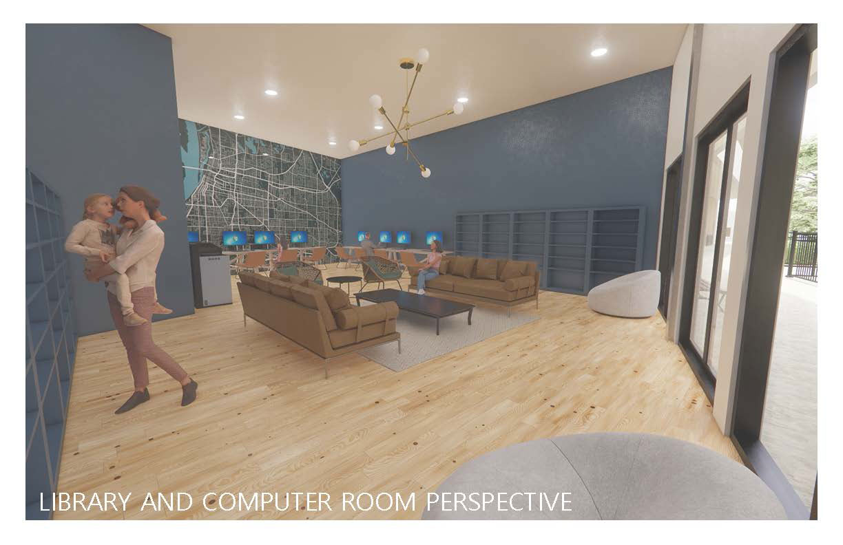 The bottom left reads &quot;Library and computer room perspective&quot;. There are dark gray walls, and light wood floor paneling. A mother is carrying a child. There are couches which a lady is sitting on. One of the walls is a map view, and against the wall are desks with many computers.