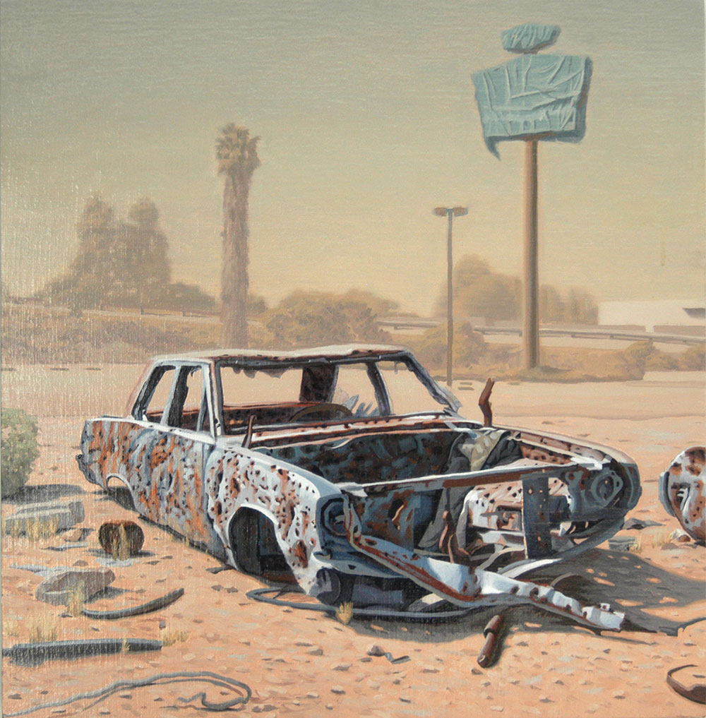 painting of a rusted car with parts removed in dessert land