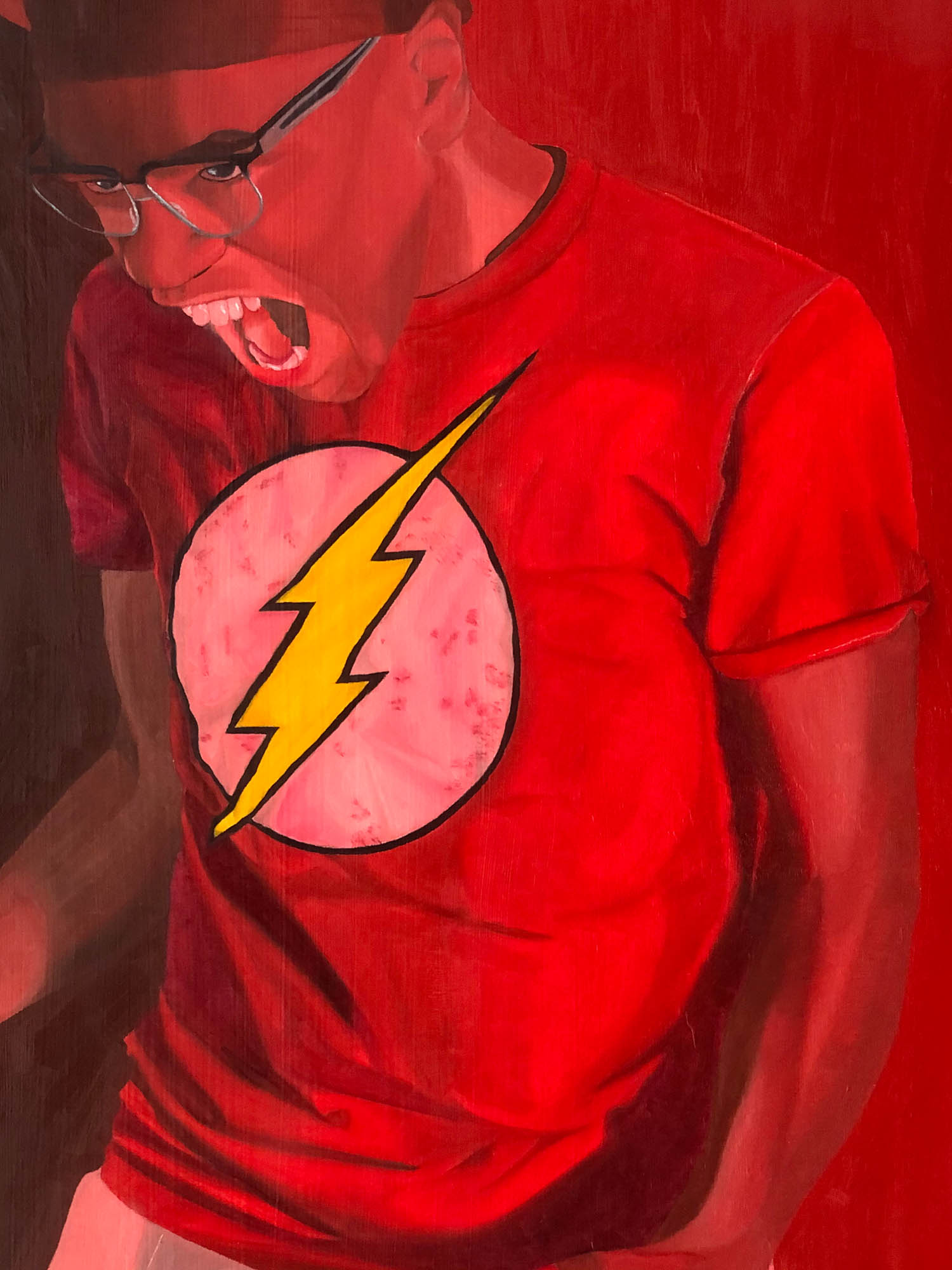 African American male friend emphasizing an emotion of happiness. Detailed and textural image of specific brush stroke and paint layering of reds, yellows, and whites on the male figure’s shirt.