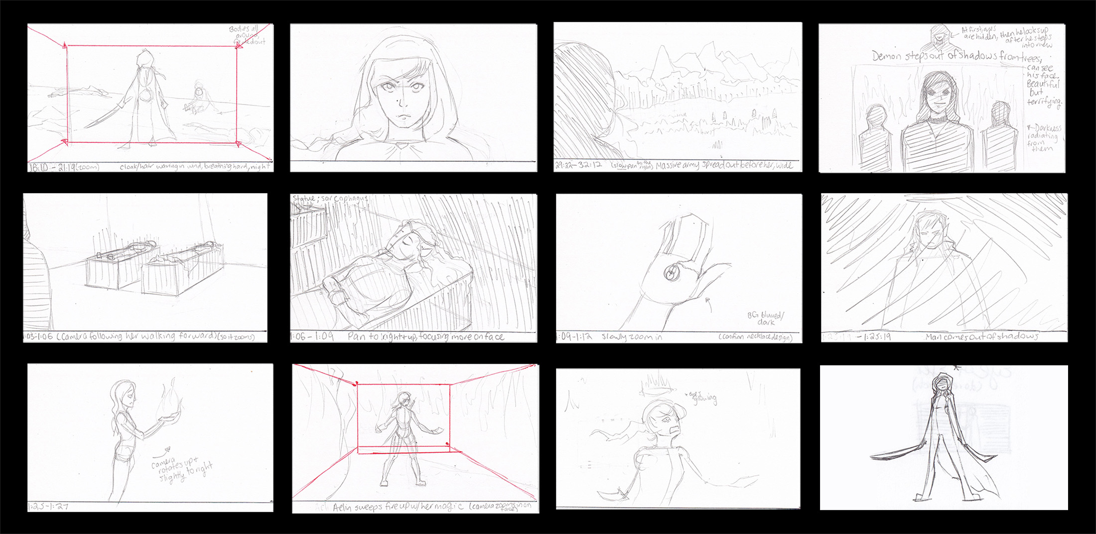 Black background with sketches arranged in rows and columns. Heroine before, during, and after battle. Facing villains – dark demons. Finding an amulet from a goddess. A strong character moves out of the shadows. Heroine discovers her powers of fire magic, uses them for good against the evil. Heroine holding swords.