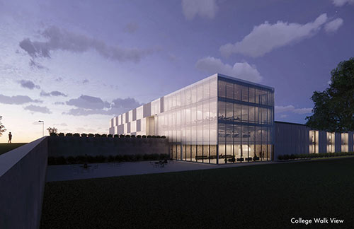 exterior rendering of building at dusk - blue/purple sky