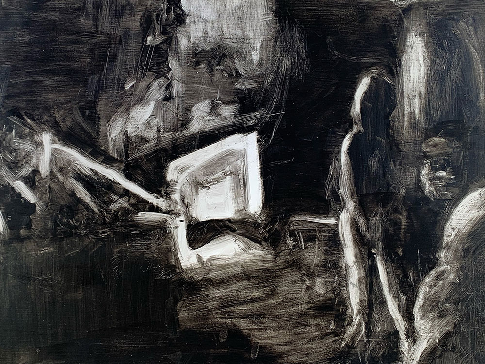 Black and white figurative drawing composed of oil paint. 