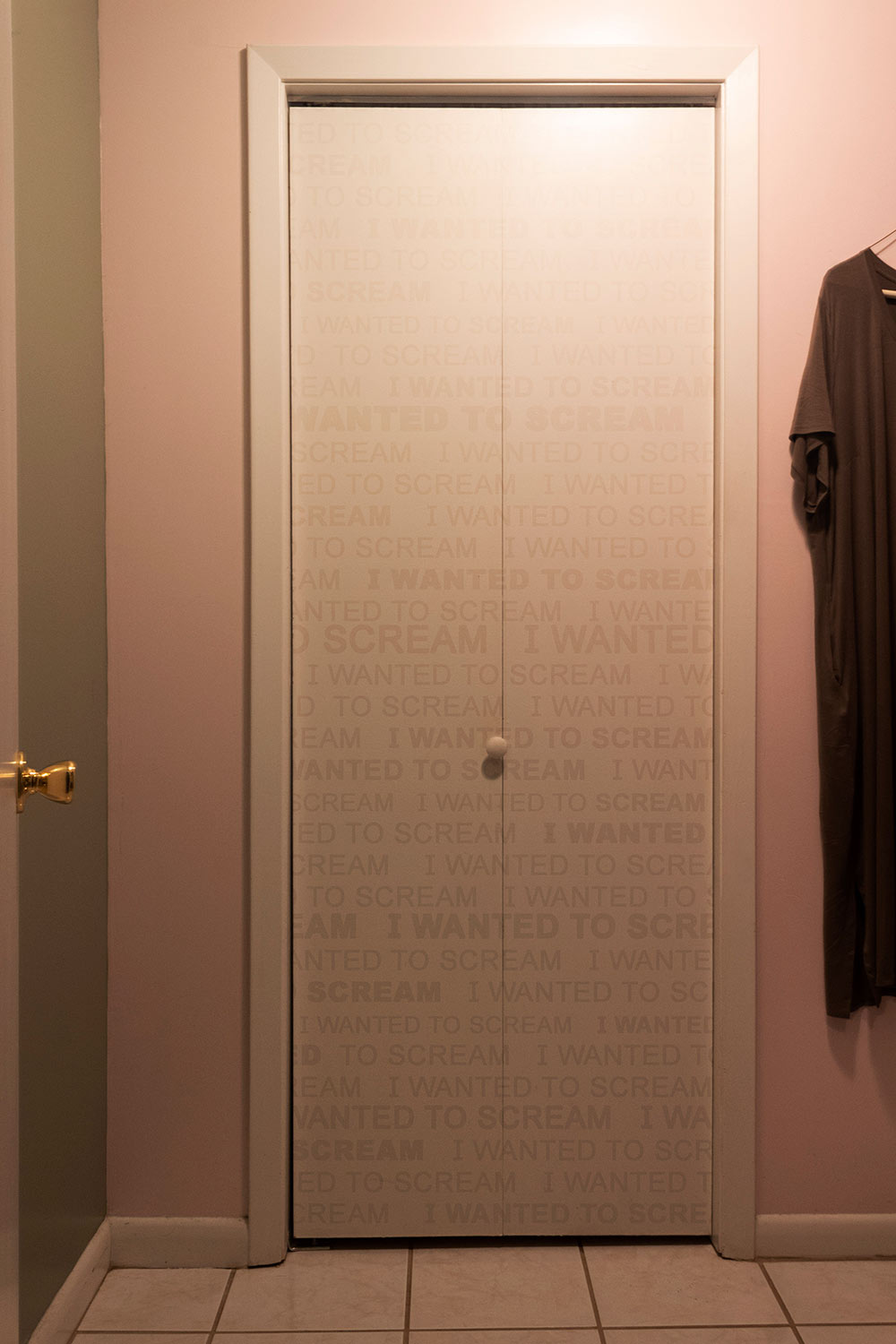 view of what looks like closet door in pink room, "i wanted to scream" written on doors