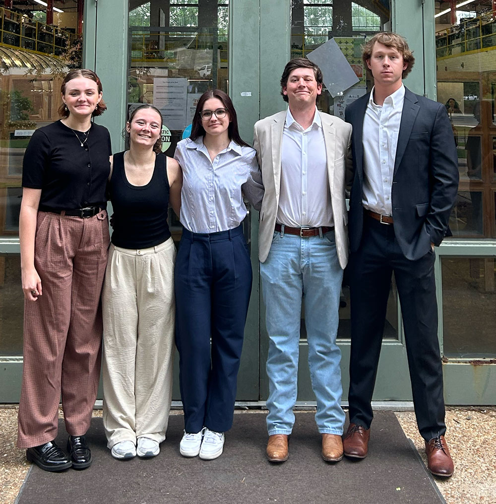 group gathered for photo, left to right: Emily Davis (architecture), Kali Nolin (architecture), Kathryn Stewart (architecture), Griffin Bristow (building construction science), William Lowery (building construction science)