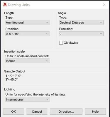 "drawing units" dialogue box with "architectural" selected in red under the "length" category, "type" dropdown
