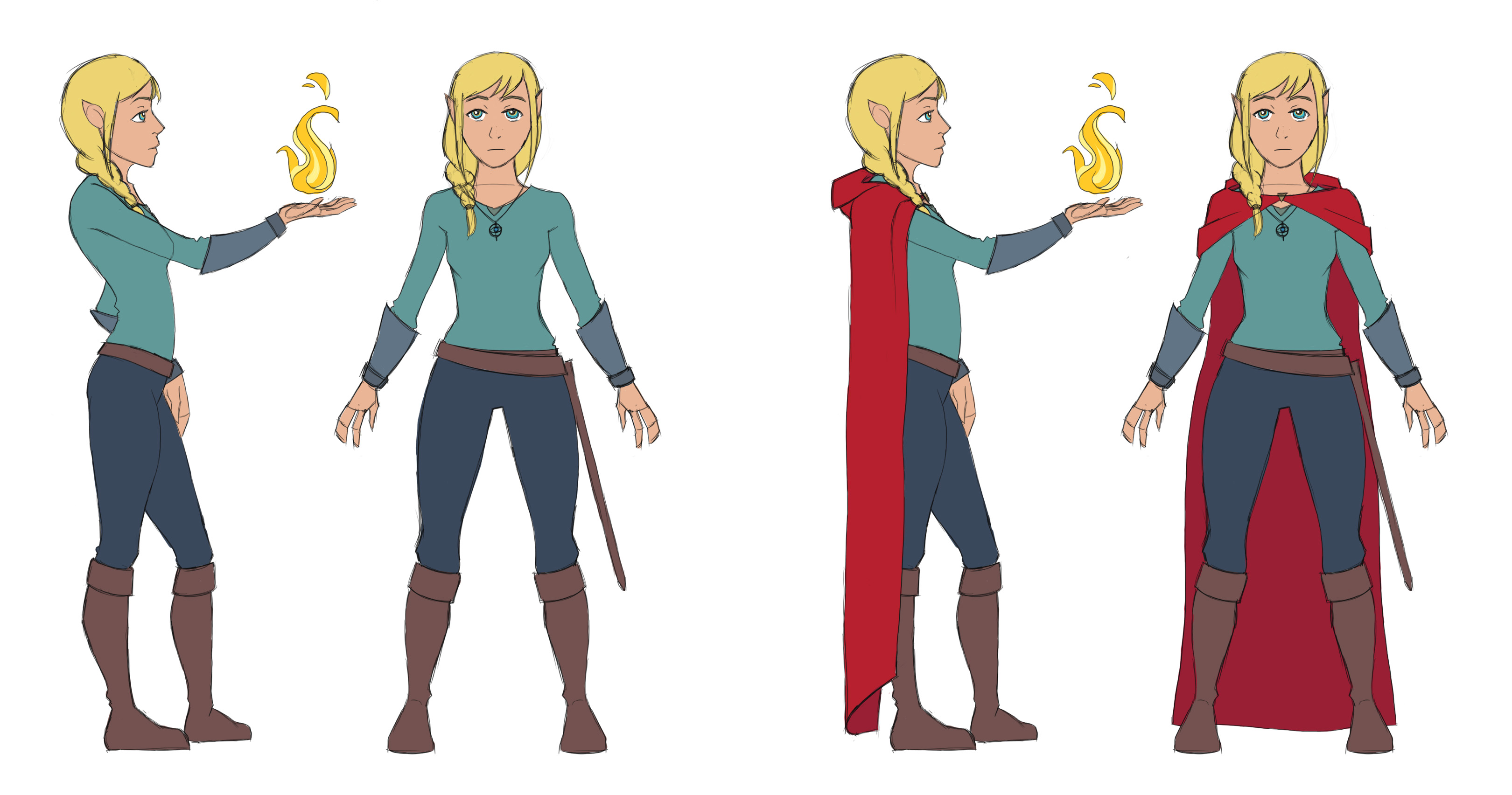 Average girl with gold-blonde hair and golden eyes. Her ears are slightly pointed. Donning a deep red cloak that acts as a cape, cool-themed shirt, gauntlets, and pants, as well as a sword belt and boots. Her hair is braided and to the side. She wields fire in her right hand.