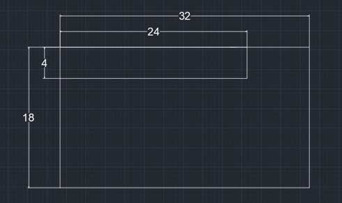 a 32”x18” laser bed is drawn with a 4”x24” piece of basswood in it - white lines on black graph