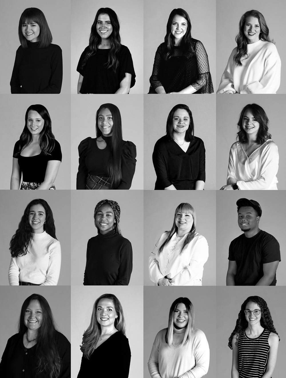 grid of 16 black and white headshots (4 rows of 4) (top row, l-r) Hannah Battey of Brandon; Lexi Bennett of Columbus; Carson Brantley of Pontotoc; Katie Corey of Shreveport, Louisiana; (second row, l-r) Amelia Dalton of Meridian; Tatiana Flores of Houston, Texas; Lindsey Anne Harper of Starkville; Rosalind Hutton of Tchula; (third row, l-r) Laura Jones of Laurel; Amber Mabry of Ridgeland; Suzy Marshall of Smithville; Ques Nevels of Olive Branch; (bottom row, l-r) Mary Hannah Ruff of Hattiesburg; Mimi Abbott Sheppard of Greenwood; Lilah Smith of Florence; and Julia Thompson of Starkville. 