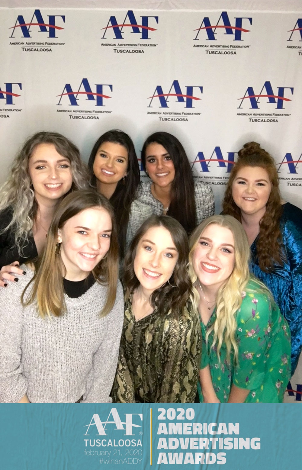 students posing in front of AAF backdrop: Back row/left to right: Hannah Chapman, Maddie Rosenbaum, Morgan Pearce, Anna Claire Garrard; Front row/left to right: Amber McDonald, Savannah Alley, Meghan Norman