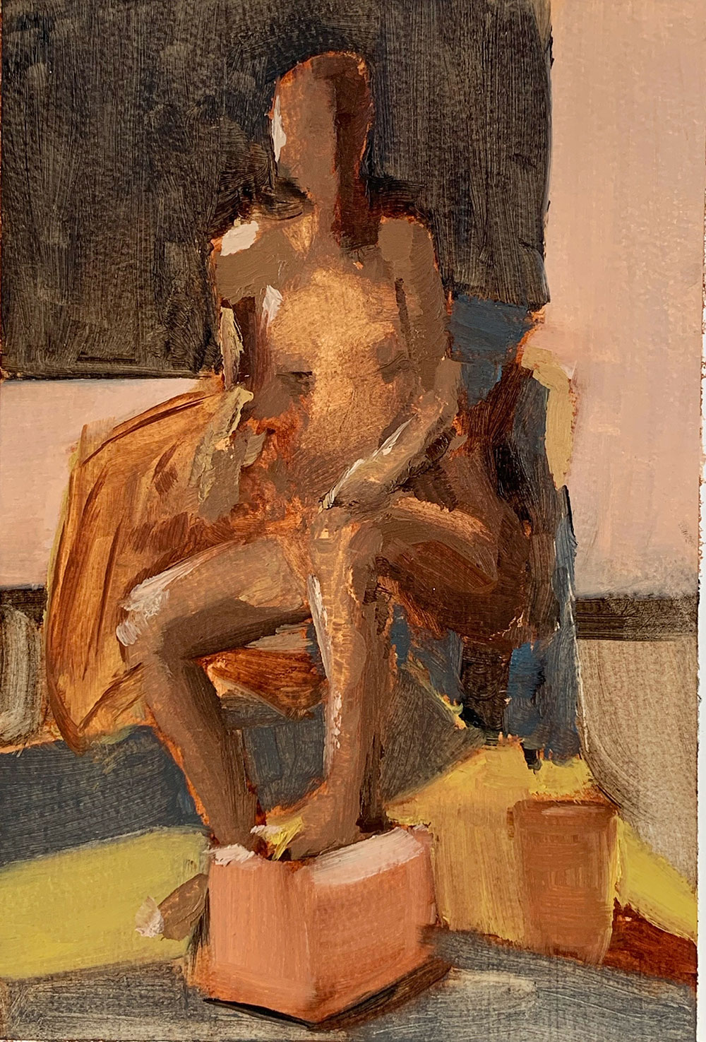 Colorful two dimension figure painting composed of oranges and browns. 