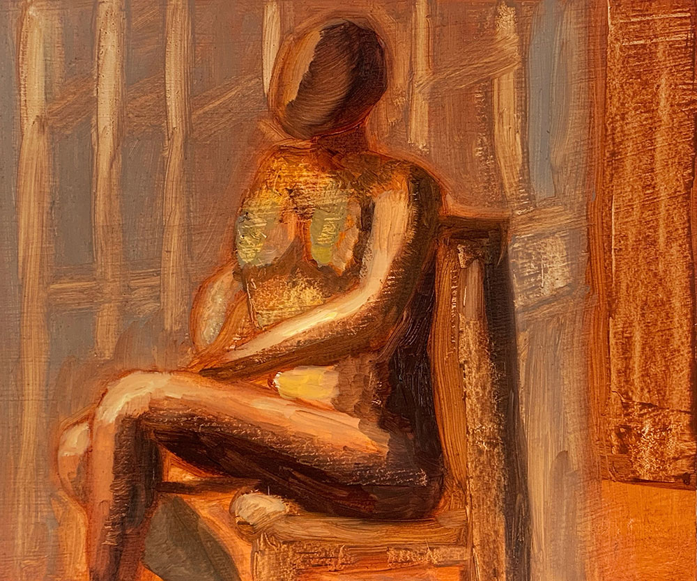 Colorful two dimension figure painting composed of oranges and browns. 