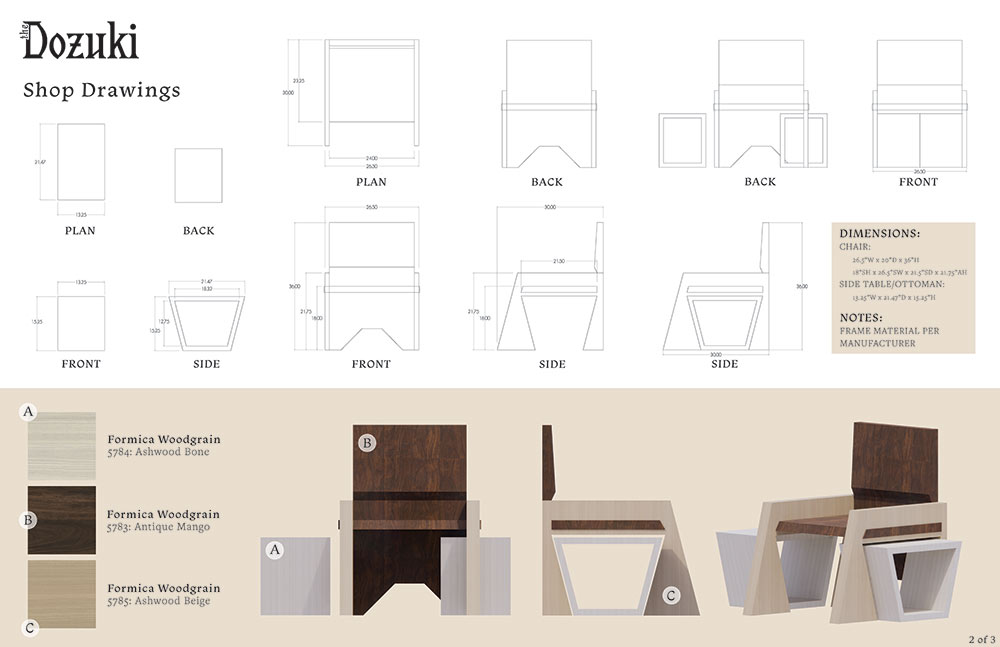 computer rendering showing furniture design - chair showing multiple angles, shows wood grain, and shop drawings