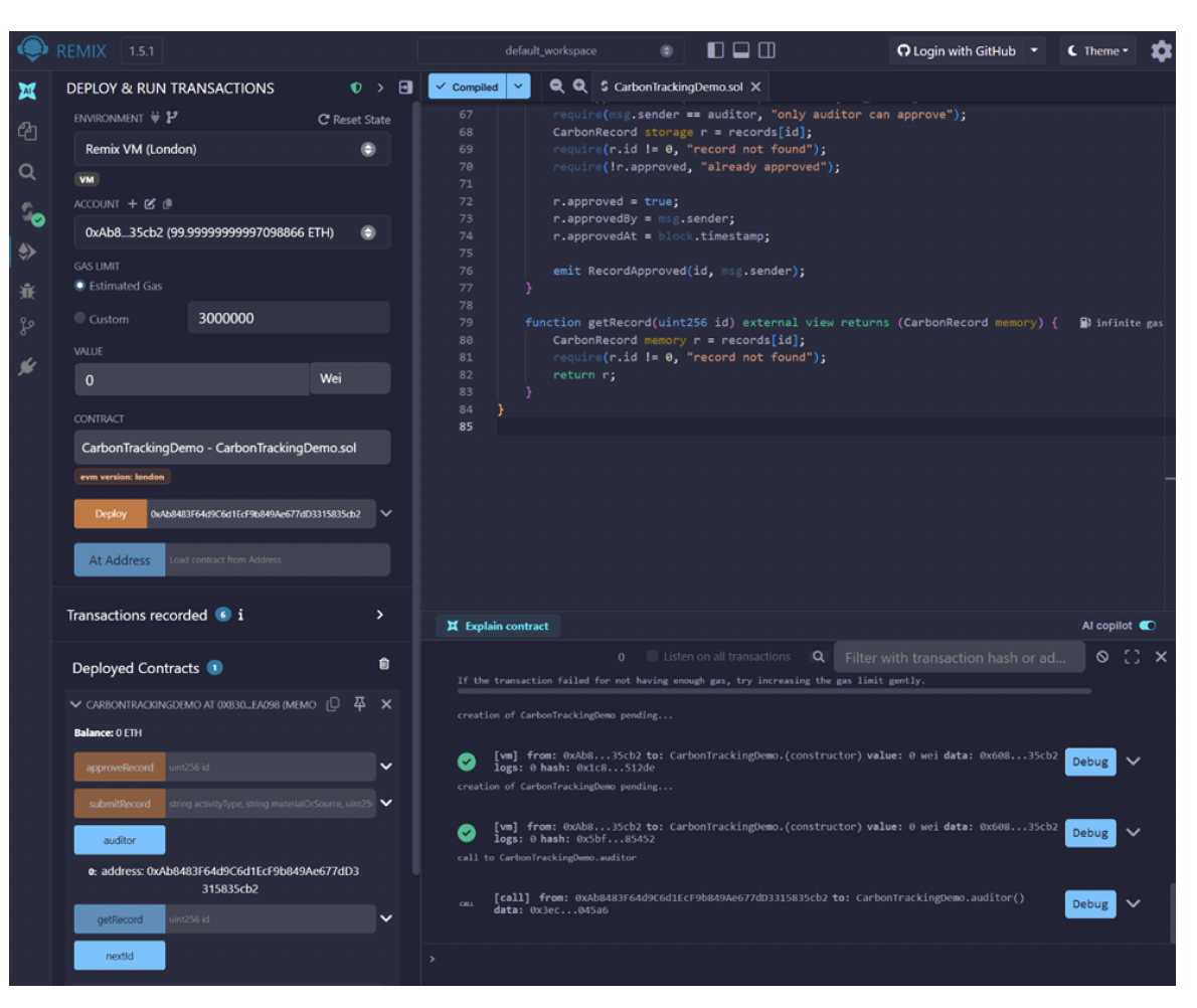 Deployment of the blockchain smart contract in a local Ethereum virtual environment using the Remix platform.