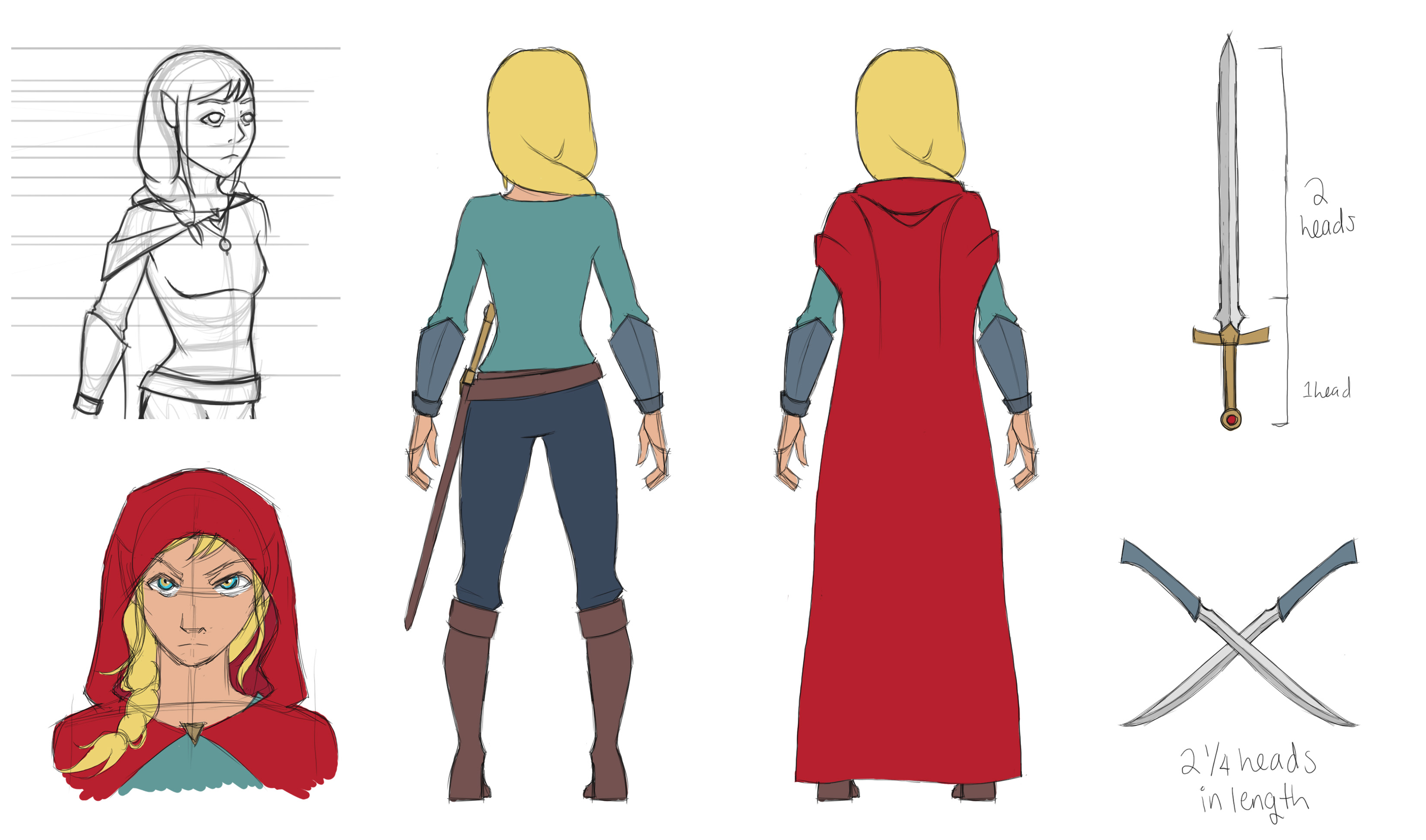 Average girl with gold-blonde hair and golden eyes. Her ears are slightly pointed. Donning a deep red cloak that acts as a cape, cool-themed shirt, gauntlets, and pants, as well as a sword belt and boots. Her hair is braided and to the side. There are several views of her – a ¾ view, two back views, and an emotional view. She is looking at us intently. Her swords are displayed – two twin swords of dark silver, and one longsword of gold and ruby.