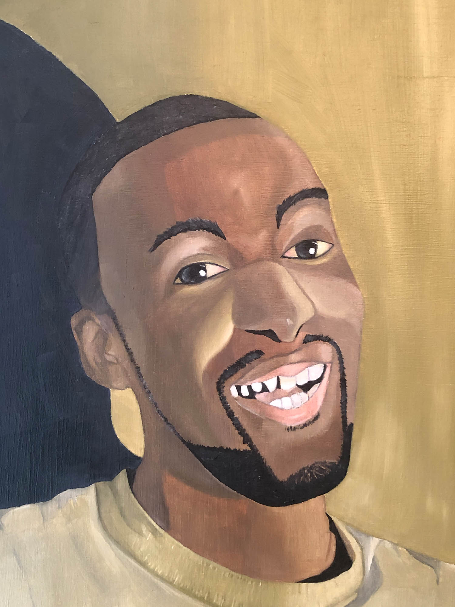 African American male friend emphasizing an emotion of happiness. Detailed and textural image of specific brush stroke on the male figure’s face and facial features, which helps compliments the emotional feeling of “sociality”