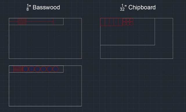 shows white lined boxes drawn on black graph background representing 1/8” basswood and the third cut is on 1/32” chipboard