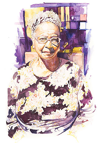 painting of a headshot of a black woman wearing glasses - purple background