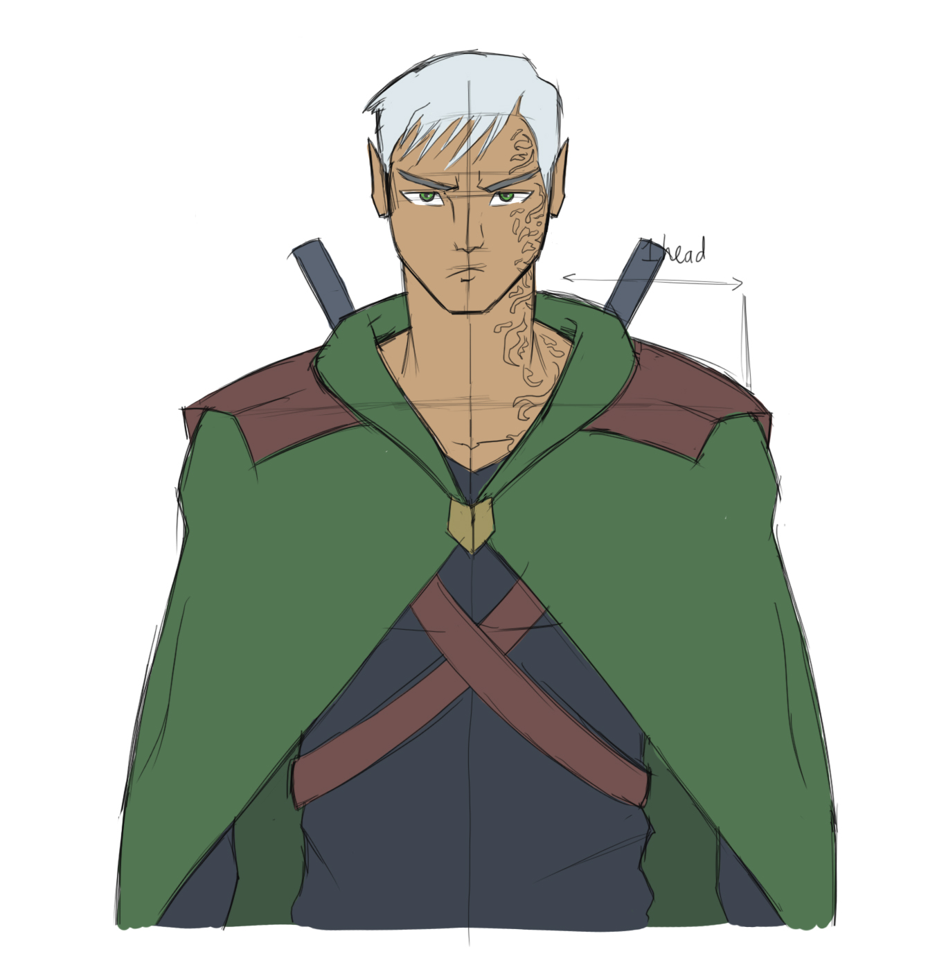 Tan and built male with snow-white hair. He looks at us with a determined expression. He wears a forest-green cloak with eyes to match. Underneath is a black shirt. On his back he carries two twin blades, the handles are peeking over his shoulders.