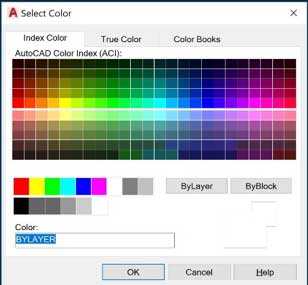 "select color" dialog box showing "index color" options. the bottom "color" box if filled in with "BYLAYER"  