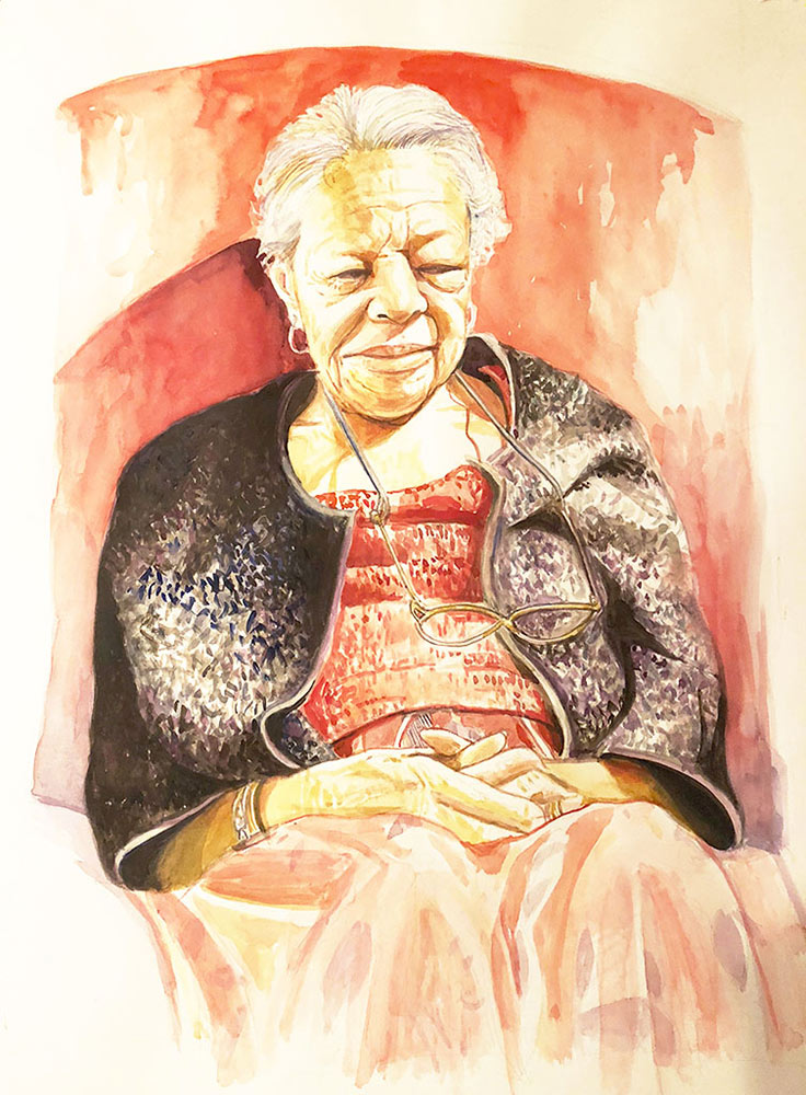 Painting by Alex Bostic of an older woman in a chair with red background