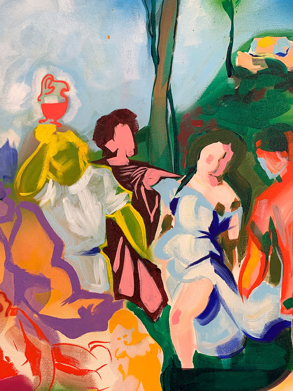 A colorful figureative drawing composed of browns, reds, yellows, and blues. 