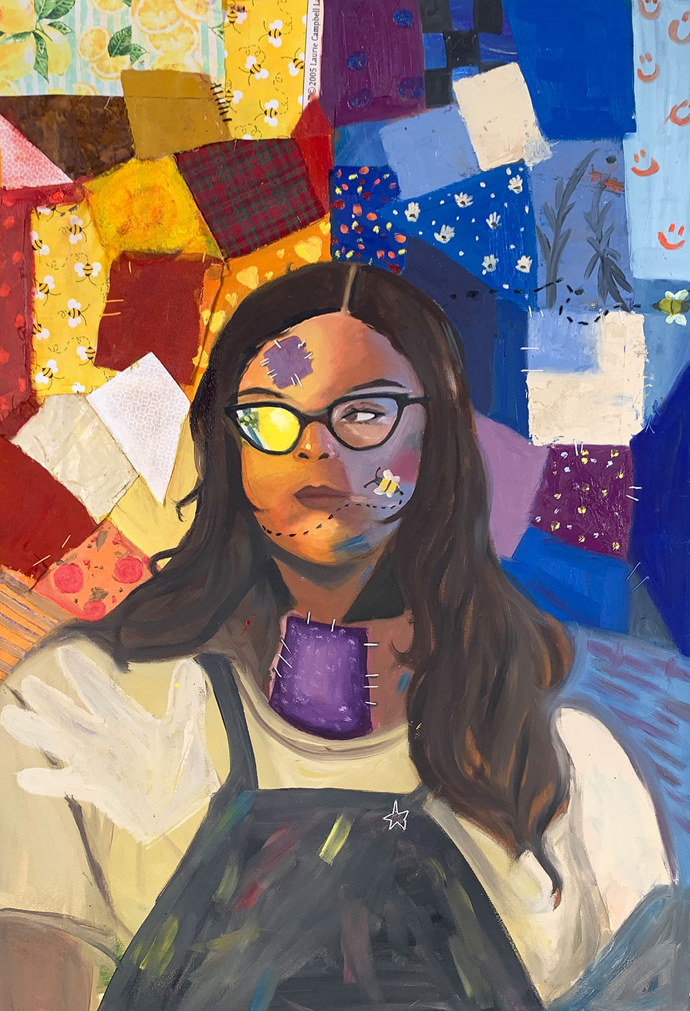 Colorful self portrait figurative painting - girl with brown hair and black glasses surrounded by various types of patterned material. 