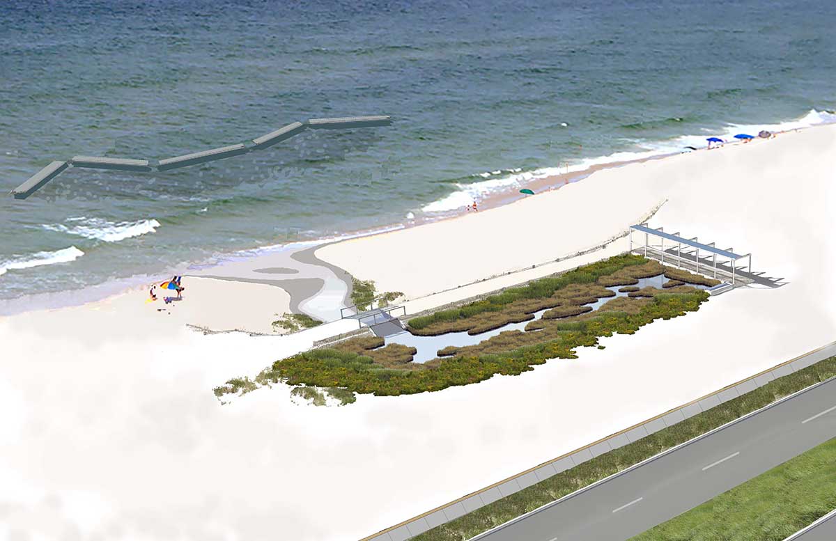 bird’s eye view of the team’s proposal showing the protected wetland lagoon and sand cove and the oyster reef structure installed offshore.