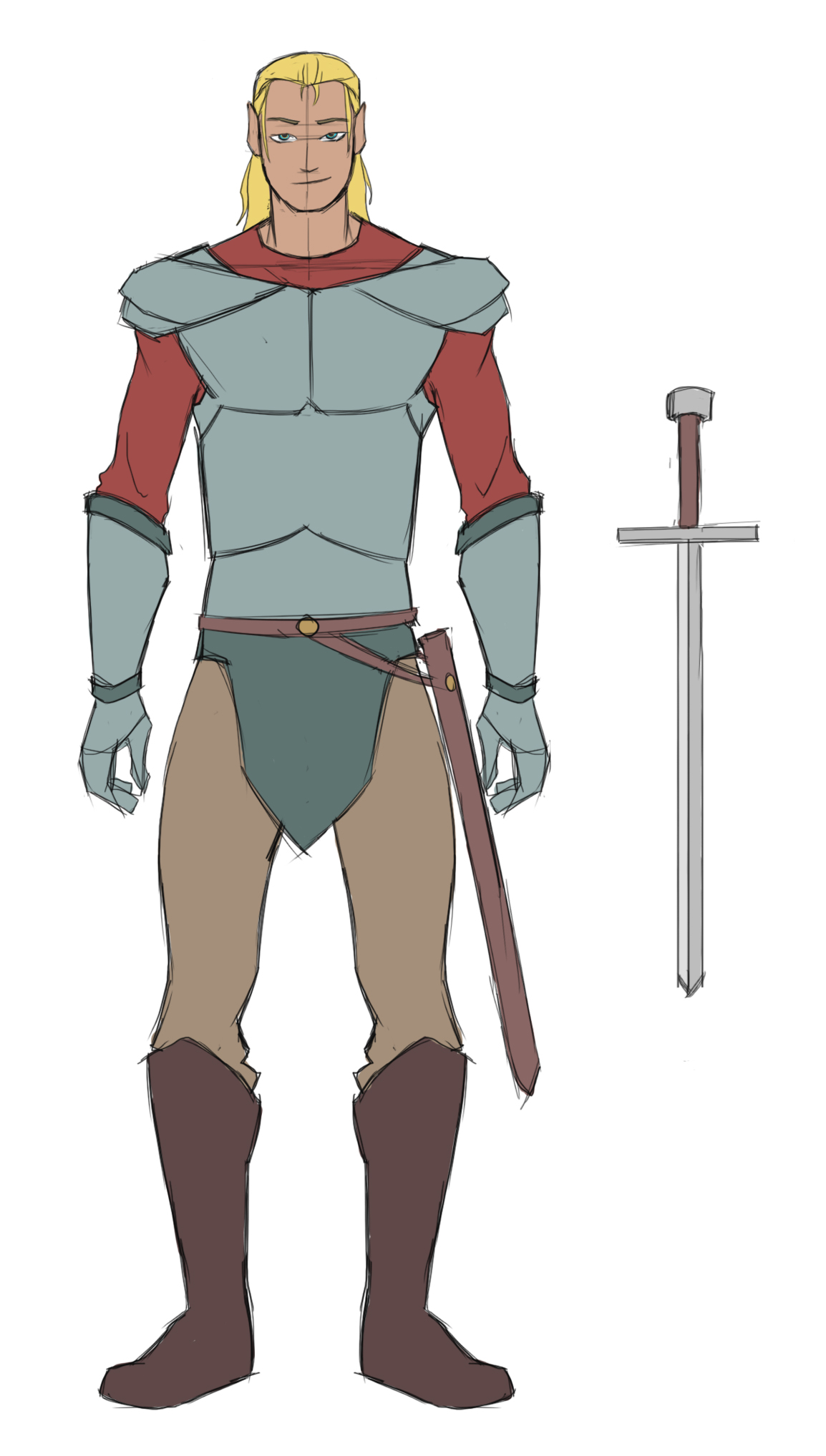 Tall, built male wearing pale armor with gauntlets, a burnt orange under-shirt, and brown pants, boots, and sword belt. He dons long hair half up – his ears slightly pointed. His sword is displayed at the side – a brown hilt and silver blade.
