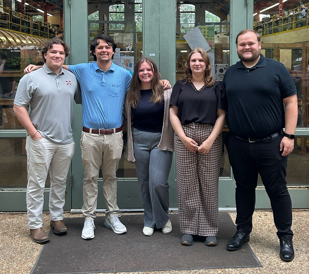 group gathered for photo, left to right: William Johnson (building construction science), Van Thornton (building construction science), Annika Watson (architecture), Carter Oglesby (architecture), Barrett Brazelton (architecture)