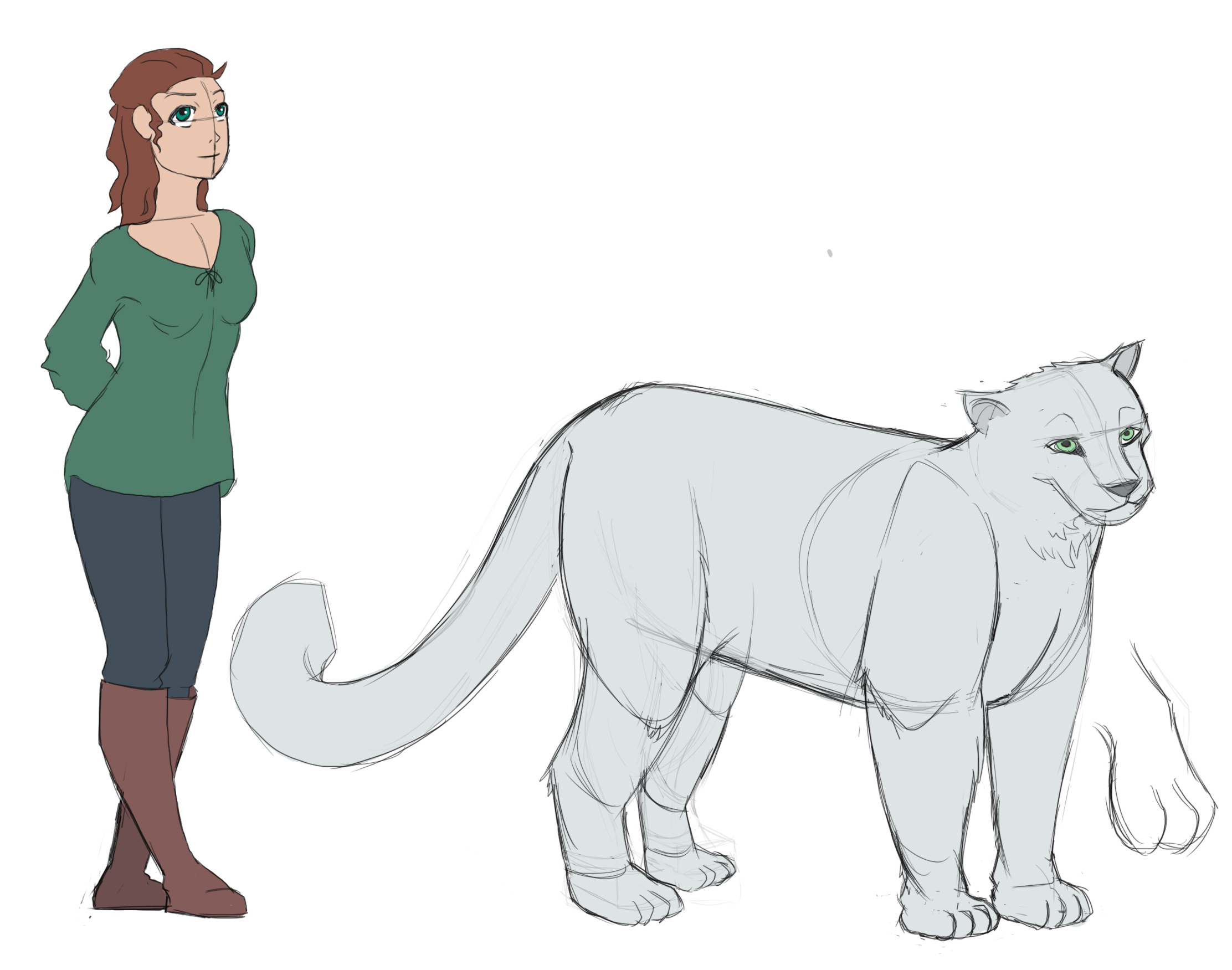 Tan, slim girl with pine-green eyes and matching shirt. Dark hair that is half-up and thrown behind her shoulders. Standing next to her is an average-sized mythical snow leopard, almost half of the girl’s height.