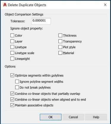 "delete duplicate objects" dialog box - "object comparison settings," "tolerance" set to 0.000001; under the "options" menu, the following boxes are checked: "optimize segments within polylines," "combine col-linear objects that partially overlap," "combine col-linear objects when combined when aligned end to end," and "maintain associative objects."  