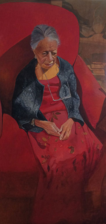 painting of black woman wearing red dress and jean jacket sitting in red chair