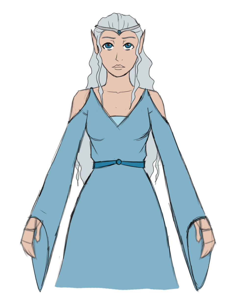 Slim girl wearing a cool, long dress, complete with long sleeves, her shoulders exposed. Her hair is long and silver, a simple crown adorns her head, her eyes matching its color.