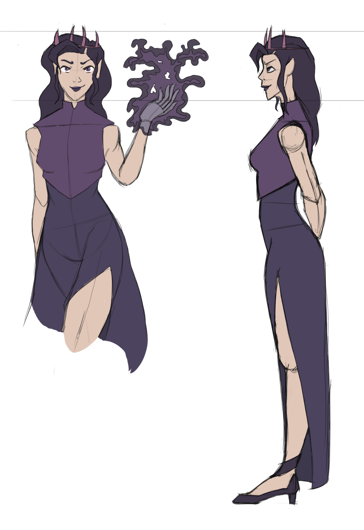 Pale woman with long purple dress on and thick purple top armor – wielding dark magic in her left hand. Side view reveals her with hands behind her back. Wearing heels and has a slit in her dress. Also wearing a dark crown, donning purple lips and eyes.
