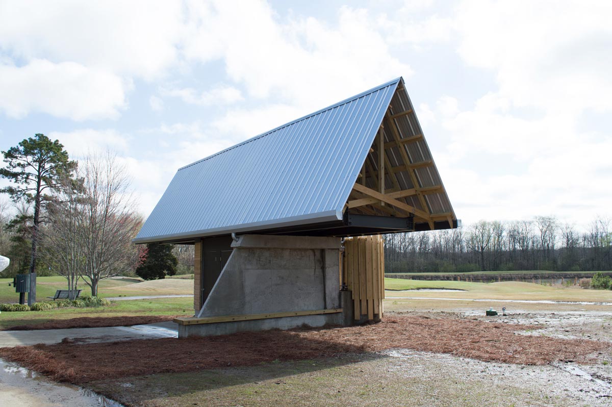 Wide shot of bathroom building