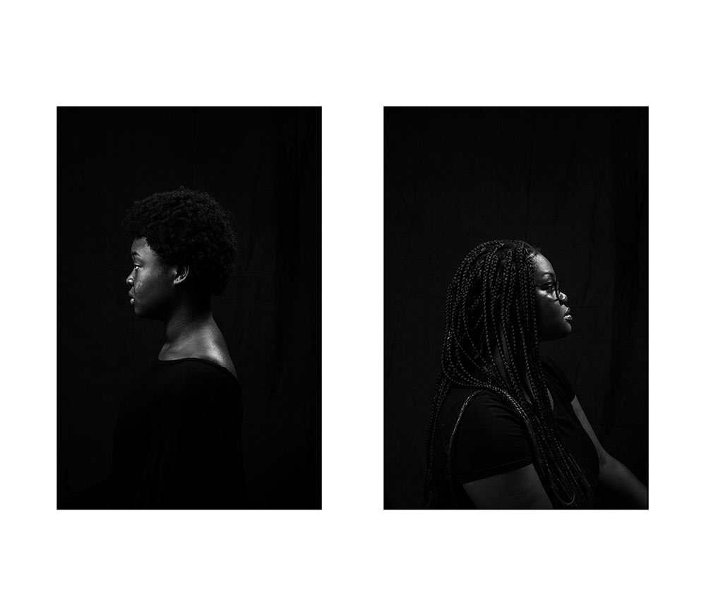 two black and white side shots of females facing opposite directions