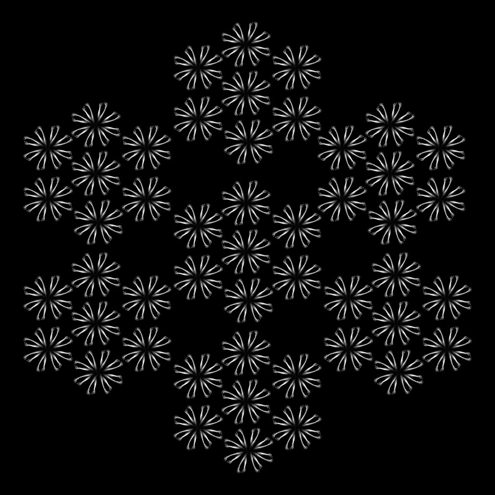 black and white image of someone's legs repeated in pattern to make snowflake shapes