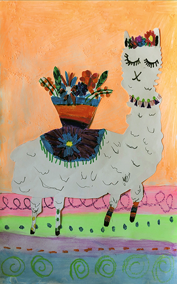 Drawing of a white lama against a a colorful orange and green painted background