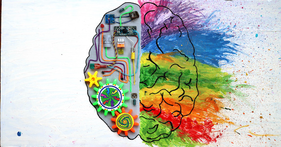 A brain - one side made up of gears and the other bursting with color