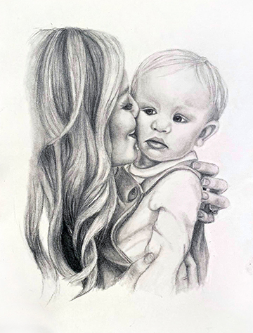 Pencil drawing of a woman holding a baby.