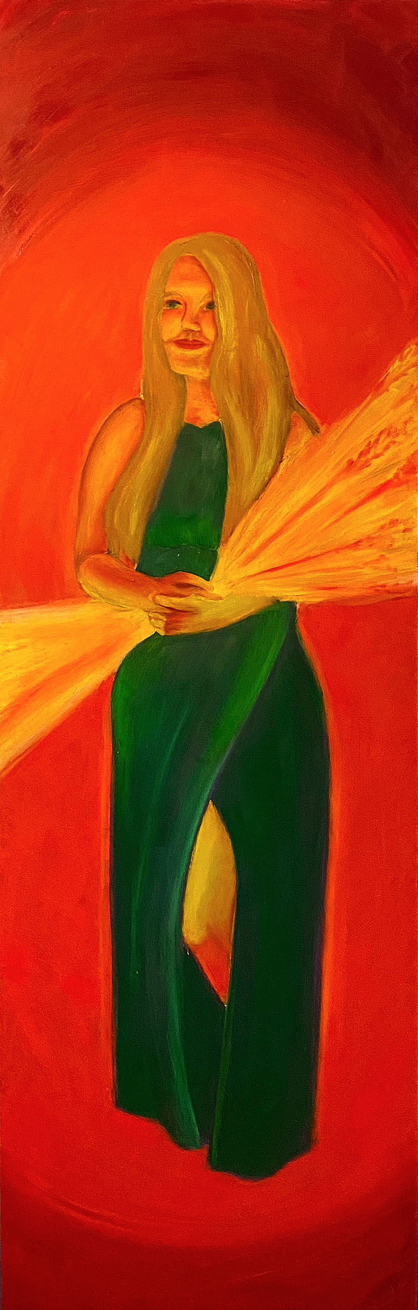A warm beautiful woman stands holding a bundle of wheat, she is wearing a cool earthy dress and has her left knee poking out of the slit in her dress. The wheat she is holding exudes a warmth coming from it and brings light and warmth to the figure. The background has a deep warmth that swirls out in an egg shape which gets deeper as you go out to the edge of the panel.