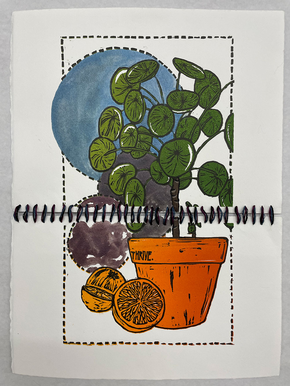 A colored printed image of a green plant planted into an orange bowl with oranges on the horizon line