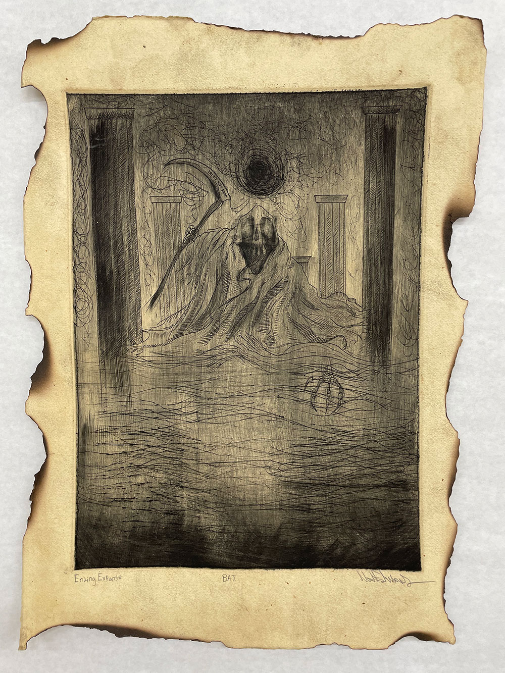 A colored printed image of what appears to be the grim reaper - the paper it self looks like it has been on fire. 