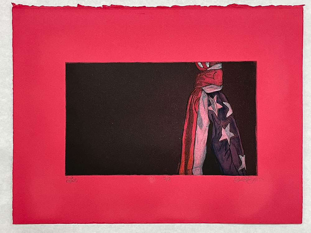 A colored printed image of the American flag tied into a knot