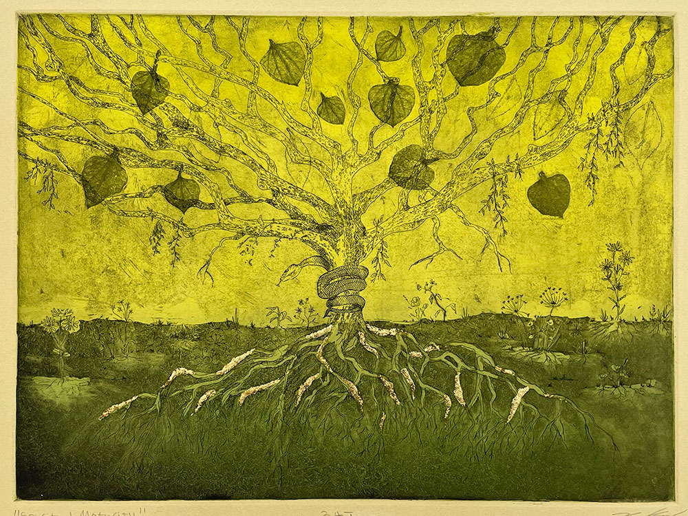 A colored printed image of a tree with roots and large limbs, with a snake wrapped around it.