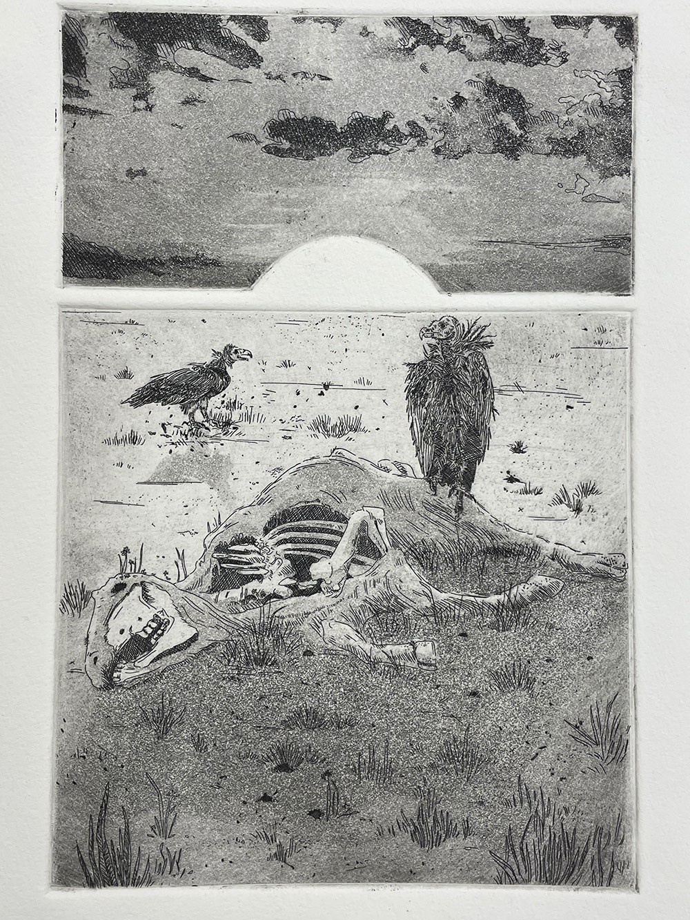 A printed image of buzzards resting on top of a hollowed skeleton overlooking the sunset. 