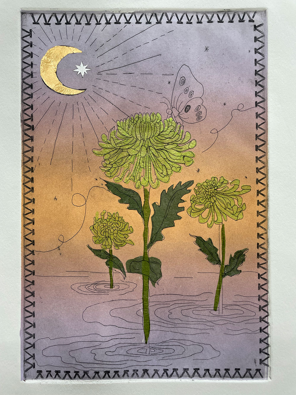 A colored printed image of 3 large yellow flowers, with a yellow moon, and a Butterly. the background is purple and yellow.